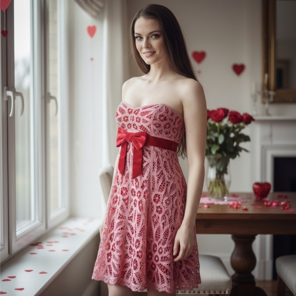 Betsey Johnson ✦ Pink Lace Strapless Dress ✦ Red Velvet Bow Mini Sz 6 NWT - Picture 16 of 16